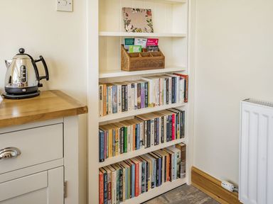 A wooden bookshelf with books and leaflets beside a kettle on a wooden countertop at Pant Y Cwtsh in Kidwelly