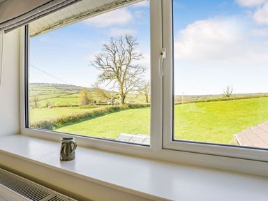 A window with a ceramic jug on the sill overlooking a green field and trees at Pant Y Cwtsh in Kidwelly