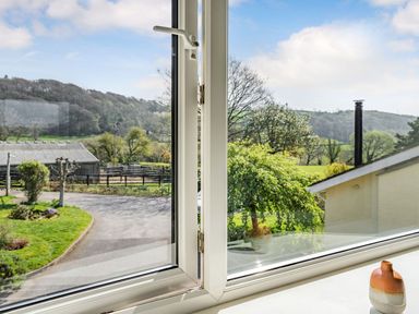 A window view of a rural landscape with trees a barn a driveway and a small vase on the windowsill at Pant Y Cwtsh in Kidwelly