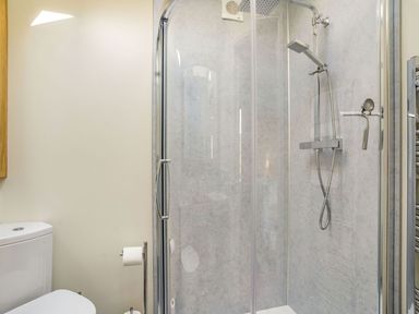 A bathroom with a toilet and a enclosed shower cabin with a handheld showerhead at Pant Y Cwtsh in Kidwelly