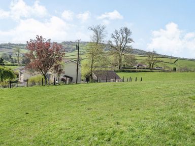 A grassy field with trees and houses in the background at Pant Y Cwtsh in Kidwelly