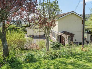 A yellow house with stone entrance surrounded by trees and shrubs at Pant Y Cwtsh in Kidwelly