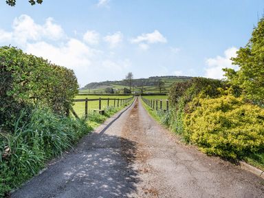 A long paved driveway bordered by bushes and wooden fences with fields and hills in the background at Pant Y Cwtsh in Kidwelly