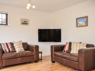 A living room with sofas and a television at Kernyk in Camelford