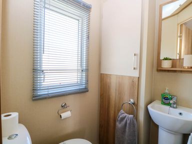 A bathroom with a toilet paper roll near a window with blinds and a sink with hand soap at Oakley Retreat in Fritton near Belton
