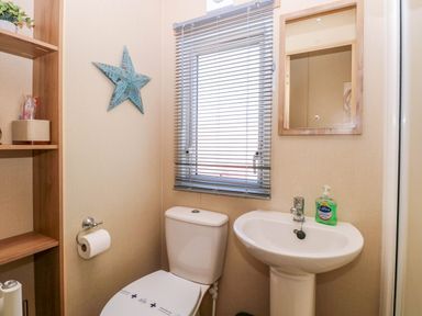 A bathroom with a toilet and a sink under a window with blinds and a wooden framed mirror on the wall at Oakley Retreat in Fritton near Belton