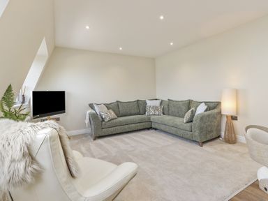 A living room with a green corner sofa white chair with fur throw floor lamp and a small TV at No 10 Croft House in Tenby