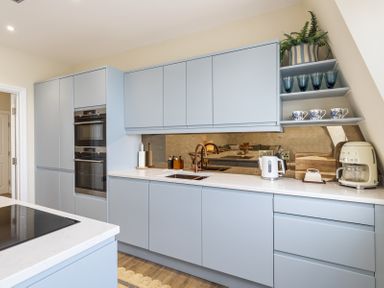 A kitchen with blue cabinets a double oven a kettle coffee maker and shelves with cups and glasses at No 10 Croft House Tenby