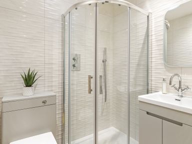 A bathroom with a glass shower enclosure a toilet with a potted plant on the cistern and a sink with a faucet and mirror at No 10 Croft House in Tenby