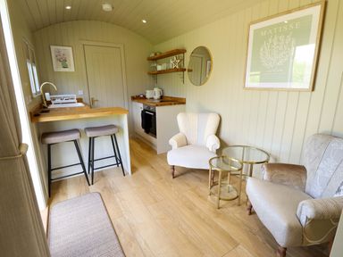 A living room with a kitchen counter and armchairs at Snowdrop in Grimsby