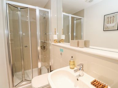 A bathroom with a glass shower enclosure a toilet a sink with soap and a mirror with giraffe toilet paper holders at Azure Retreat at Una in Carbis Bay near St Ives