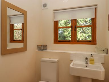 A bathroom with a toilet a sink with soap a window with a blind a wall mirror and two baskets on a tiled shelf at The Dairy at Wyke Farm Wyke near Lyme Regis