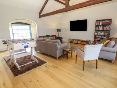 A living room with a foosball table sofas a chair a bookshelf and a wall-mounted television at Stapleford Farm in Hooke near Beaminster
