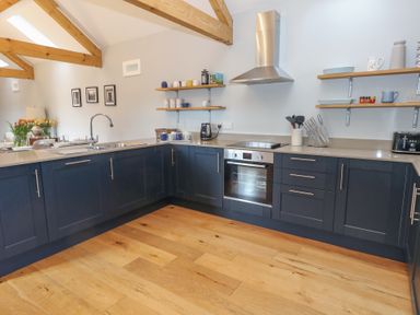 A kitchen with blue cabinets wooden floor stainless steel oven and hood open wooden shelves at Stapleford Farm in Hooke near Beaminster