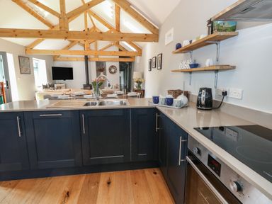 A kitchen with dark cabinets an oven and a sink opening to a dining and living area with wooden beams at Stapleford Farm in Hooke near Beaminster