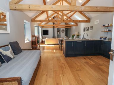 An open plan living area with a sofa, kitchen island with stools, wooden beams and shelves at Stapleford Farm in Hooke near Beaminster