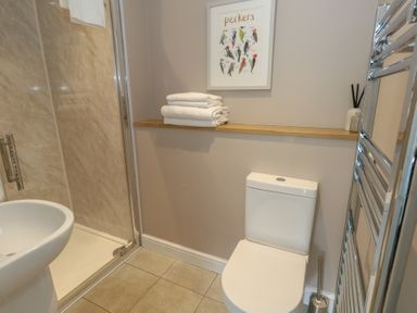 A bathroom with a toilet sink shower and a towel rack with towels and a birds picture on the wall at Stapleford Farm in Hooke near Beaminster