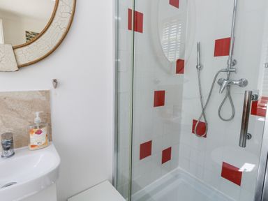 A bathroom with a small sink and liquid soap beside a shower cubicle with red and white tiles in Flat 7 Sand Acres in Canford Cliffs