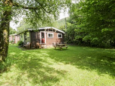 A cabin with a picnic table and chairs surrounded by grass at Ty Bedwen in Dinas Mawddwy