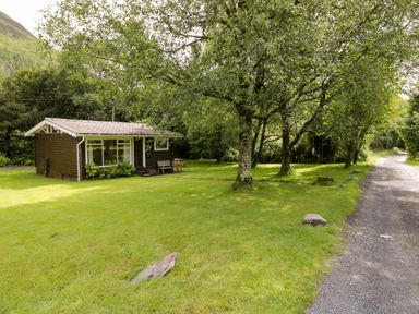 A cabin surrounded by trees and grass at Ty Bedwen in Dinas Mawddwy