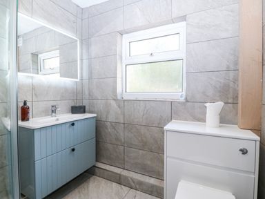 A bathroom with a sink, toilet, and mirror at Tirionfa in Talsarnau