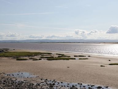 A coastal landscape with sandy shore patches of grass water and hills in the distance at Summerdown in Brean
