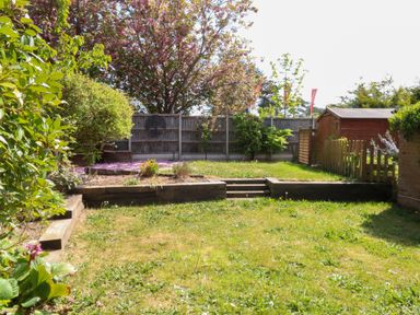 A garden with grass lawn steps plants a wooden shed and a wooden fence at Sweetacres in Hemsby