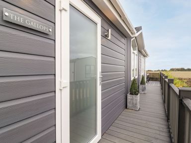 A porch with potted plants and a glass door on a grey building at The Gallops in Chipping Norton
