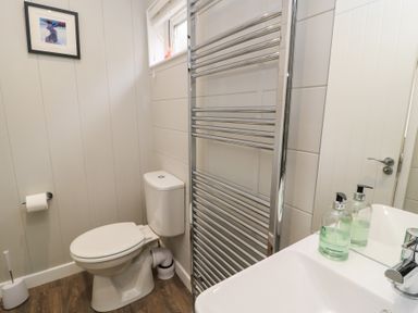 A bathroom with a toilet a towel radiator a sink with soap dispenser and a framed picture on the wall at The Gallops in Chipping Norton