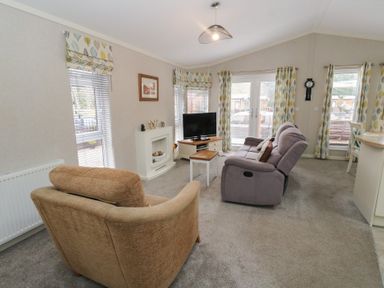 A living room with sofas a TV on a stand a small table a fireplace and windows with patterned curtains at Lodge 2 in Auchterarder