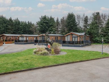 A driveway with a grass area and a stag statue in front of wooden lodges surrounded by trees at Lodge 2 in Auchterarder