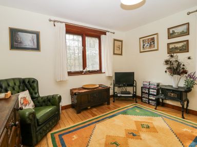 A sitting room with a green armchair a wooden chest a television and a rug at Wringford Farm Annexe Rame near Kingsand