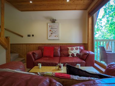 A living room with a sofa and coffee table at Lodge 68 - Fern Gully near Finlakes Holiday Park near Chudleigh