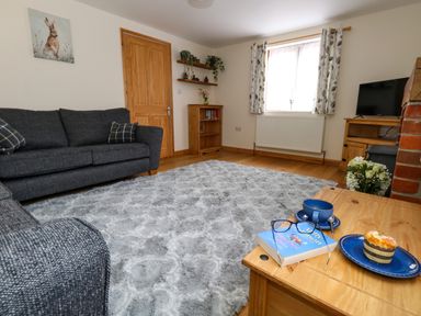 A living room with a grey sofa a fluffy rug wooden furniture and a wooden table with a book glasses a cup and a plate near a window at Little Dairy House near Swanage