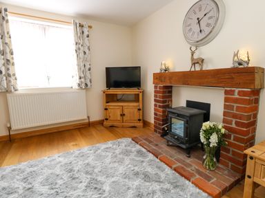 A living room with a wood stove fireplace and a television on a wooden stand at Little Dairy House near Swanage