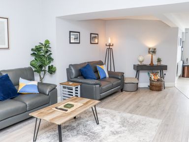A living room with two gray sofas with cushions a wooden coffee table a side table a plant two framed pictures on the wall a floor lamp a dark console table with a globe lamp and basket at Daly's Place in Ballyporeen County Tipperary