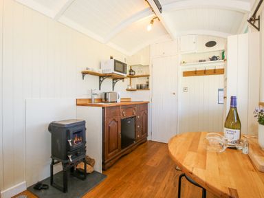 A small kitchen area with a wood stove microwave and wooden dining table at Gilberry Shepherds Hut Wall under Heywood near Church Stretton