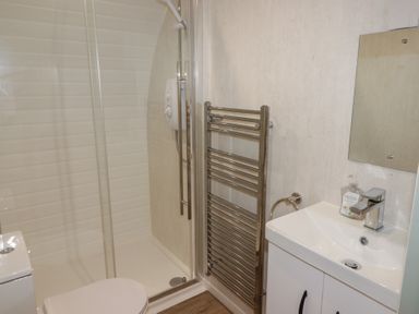 A bathroom with a shower enclosure toilet sink mirror and heated towel rail at The Hazel Pod in Cowbridge