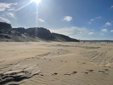 A beach with sand dunes and people in the distance at Buzzards Lodge near Victoria
