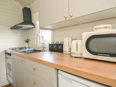 A kitchen with a stove and microwave at Buzzards Lodge in Roche