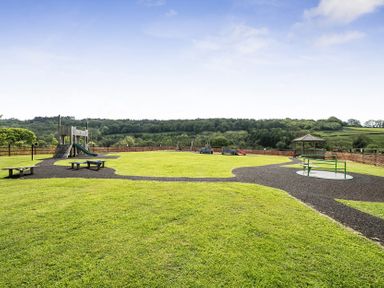 An outdoor playground with a slide and swings at Harcombe House Rooms Accessible Ground Floor Twin in Chudleigh