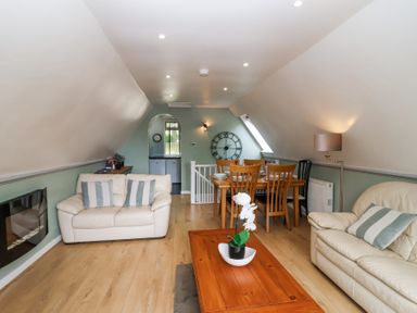 A living room with two cream leather sofas a wooden coffee table and a dining table with chairs at 23 Valley Lodge in Gunnislake