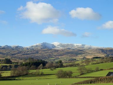 A landscape with mountains and fields at Cyffdy Cottage - Arenig, Bala