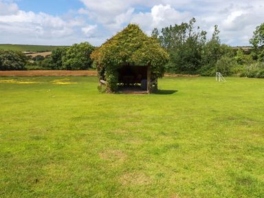 An open grassy field with a small wooden shelter covered in greenery and a small soccer goal in the background at Babes Cottage in Perranwell near Goonhavern