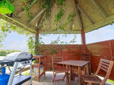 An outdoor shelter with wooden table and chairs a barbecue grill and climbing plants on the wooden roof and walls at Babes Cottage Perranwell near Goonhavern