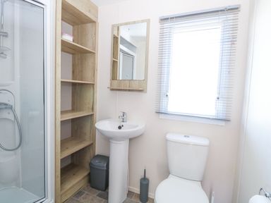 A bathroom with a shower cubicle sink mirror wooden shelves toilet and window blinds at 4 Foxburrow Hang in Fritton near Belton Norfolk