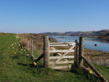 A wooden gate with a wire fence and yellow flowers next to a body of water surrounded by hills at Torsa Cullipool Isle Of Luing