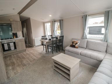 A living room with a sofa a coffee table a dining table with chairs and a kitchen area at Meadow View in West Thirston Felton