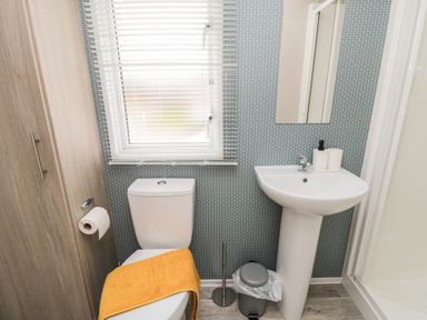 A bathroom with a toilet a sink a mirror a trash bin and a shower at Meadow View in West Thirston Felton