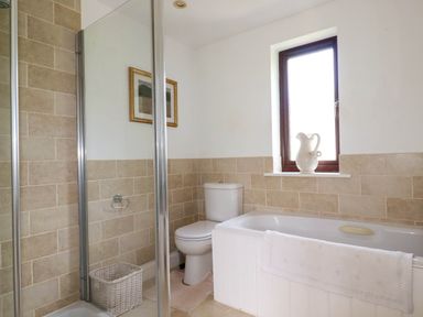 A bathroom with a shower enclosure a toilet a bathtub and a window with a pitcher on the sill at Goatsland in Trebetherick
